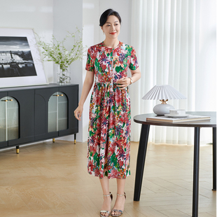 香沐兰2025夏季气质修身时尚长裙中老年妈妈高贵短袖碎花连衣裙子