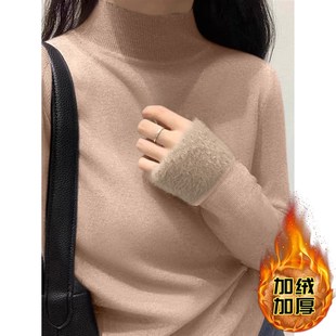 冬季新款深灰色半高领加绒加厚一体绒修身针织打底衫女装内搭毛衣