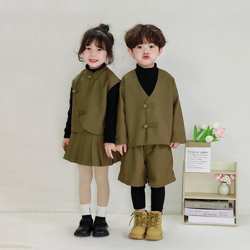 儿童新中式西装外套休闲2024春季新款假两件男童裤子女童裙子春装