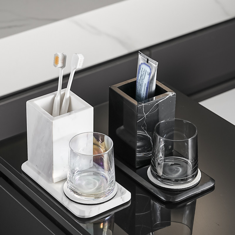 卫生间台面置物单人牙膏牙刷架洗漱口杯架剃须刀梳子收纳筒大理石