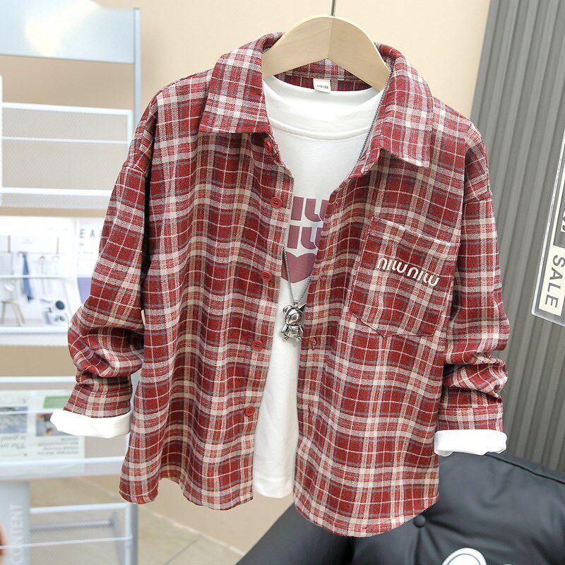 5男童春秋长袖T恤格子衬衫13岁2025新款儿童春装15大童男装套装潮