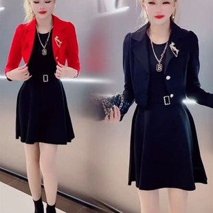 新款 2024春季 时尚 洋气显瘦短款 外套裙子两件套 长袖 西装 连衣裙套装