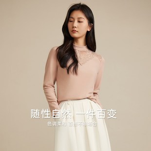 双面磨毛德绒打底衫女长袖秋冬2024新款蕾丝拼接保暖内搭加厚上衣