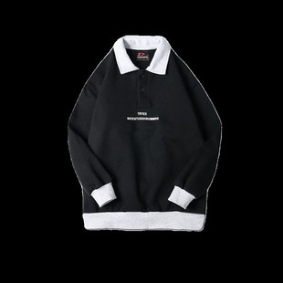 灰色POLO领加绒卫衣男春秋款男装美式翻领春季休闲情侣装上衣男生