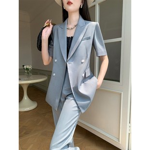 灰色夏天西装套装女薄款短袖高级感职业正装阔腿裤休闲工作服外套