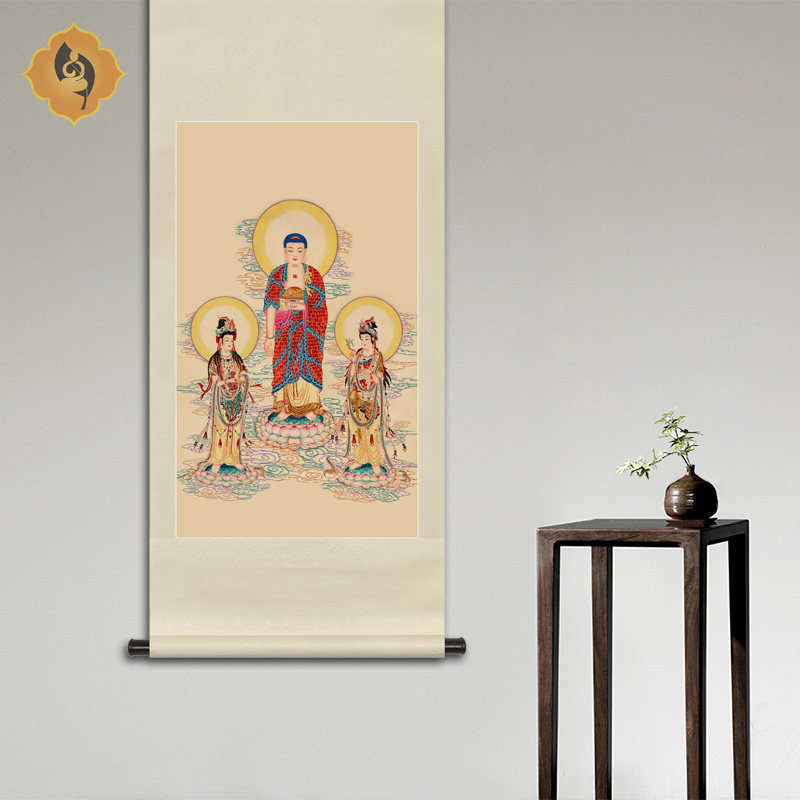 工笔人物佛像国画西方三圣观音菩萨画像玄关中式卷轴画框装饰挂画