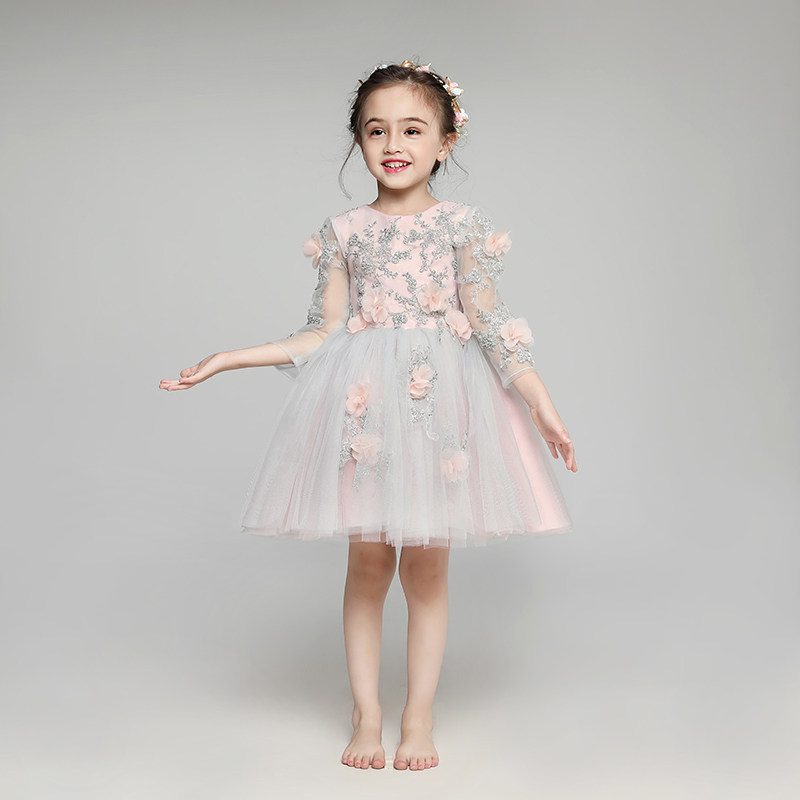 儿童晚礼服小花童礼服女童长袖蓬蓬婚纱公主裙主持人钢琴演出服冬