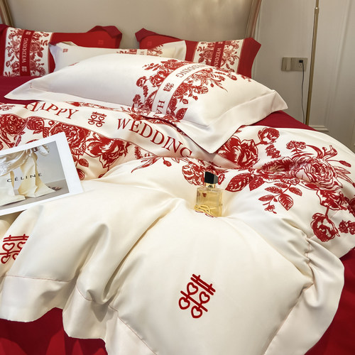 轻奢风婚庆四件套中式大红色床单被套结婚陪嫁床上用品新婚高级感