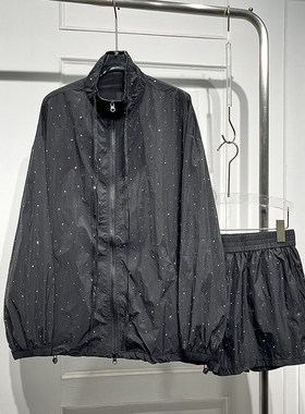 美式休闲风长袖立领亮钻套装女2024春季新款宽松显瘦短裤防晒外套