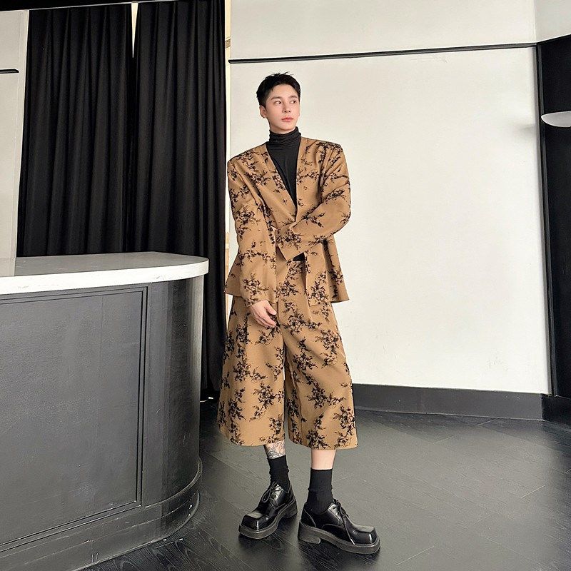 秋冬设计师款小众时尚洋气植绒花纹V领西服男女复古潮七分裤套装,男装,西服套装,淘宝优惠券,粉丝福利购,淘宝优惠卷