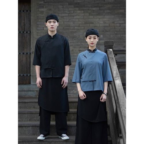 新款民国风中餐厅服务员工作服套装盘扣中式火锅串串饭店定制logo