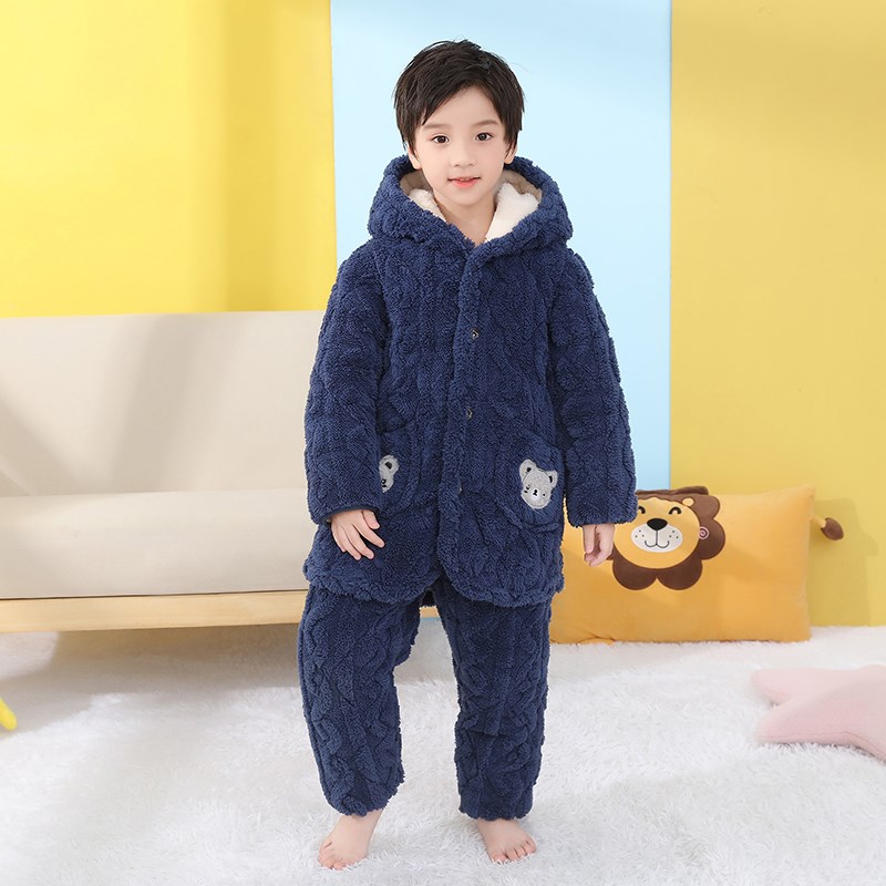 儿童睡衣冬季加厚长款法兰绒夹棉卡通连帽套装男孩女中大童家居服