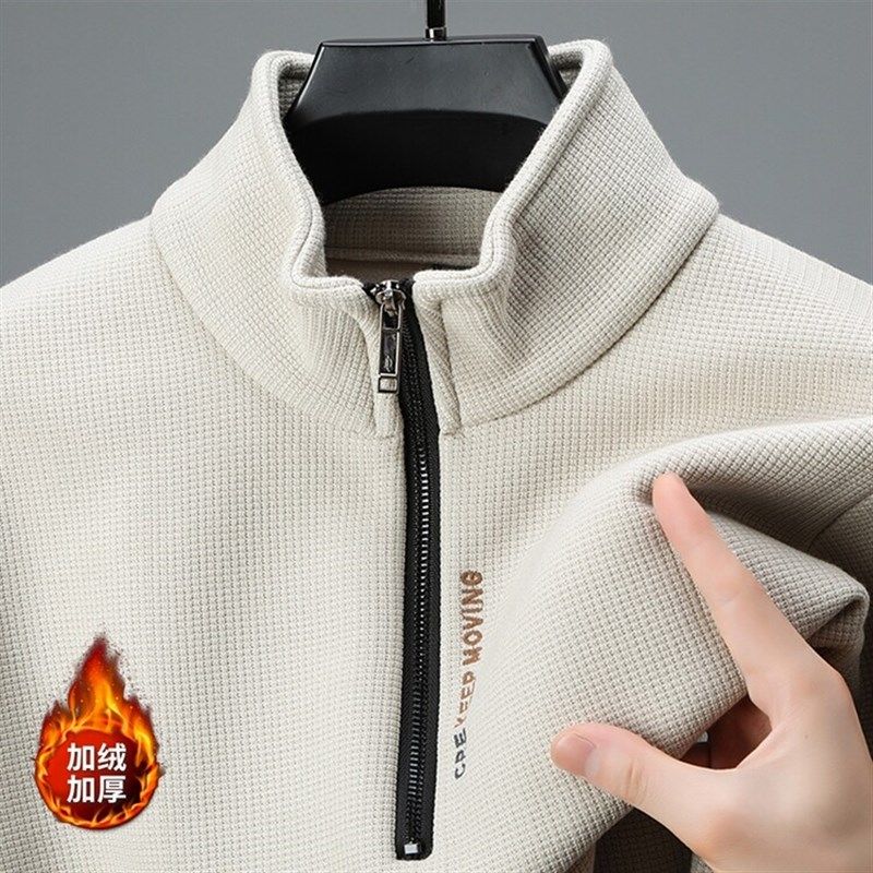 (一体绒)拉链半高领卫衣男冬季加绒加厚毛衣男士长袖休闲针织衫潮