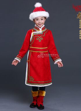 儿童蒙古袍冬季加棉加厚款蒙古族女童连体服装少数民族演出服仿皮