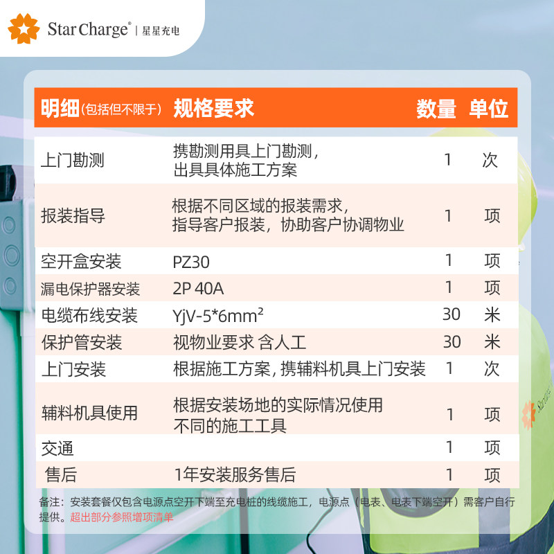星星充电新能源电动汽车充电桩安装服务餐包辅料和人工安装