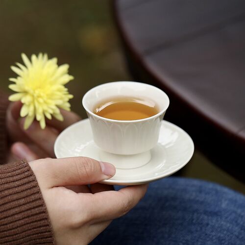 意叁手作刻仿宋定窑定瓷办公茶具足莲瓣茶杯杯垫