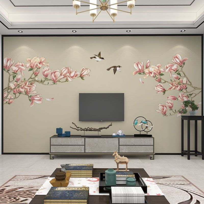 墙纸d立体中式鸟电视背景墙壁纸客厅墙布壁画卧室床头装饰墙布