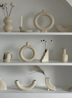 素胚陶瓷艺术摆件店铺服装店家居装饰品轻奢北欧复古侘寂风小花瓶