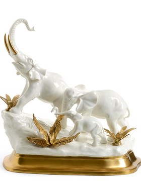 欧式创意母子象玄关客厅摆件陶瓷配铜大象造型装饰品摆件新居礼物