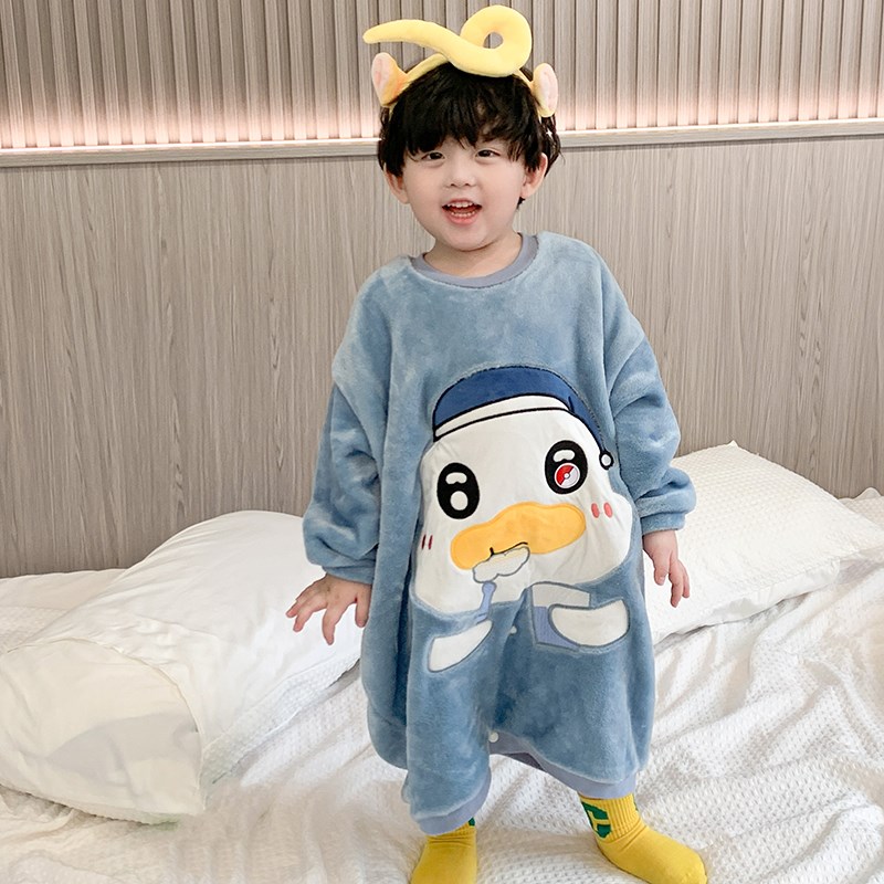 秋冬儿童连体睡衣珊瑚绒男女童法兰绒家居服保暖宝宝睡袍宽松睡袋