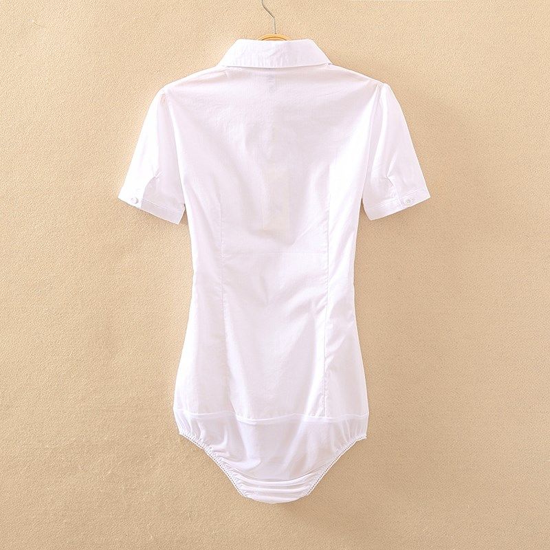 短袖白衬衫女职业夏季韩新品老师面试棉质洋气娃娃领紧身连体衬衫