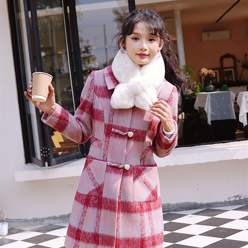 ATAR国潮毛呢外套女2024冬装新款双层领时尚格子呢料大衣加棉内里