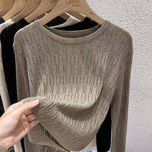 2023早春上衣女薄款宽松白色打底针织衫黑色内搭短款镂空长袖T恤