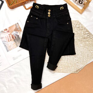 收腹显瘦三排扣薄绒小脚靴裤 洋气 2024新款 女冬季 高腰加绒牛仔裤