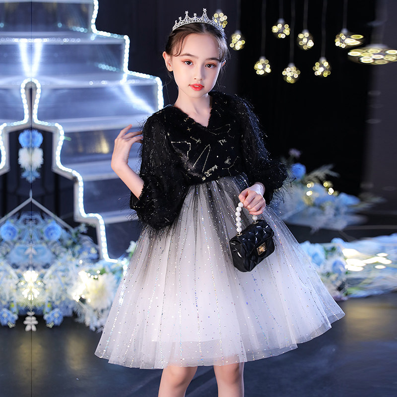 女童黑色礼服公主裙生日走秀钢琴演出服演奏儿童主持人表演长袖秋