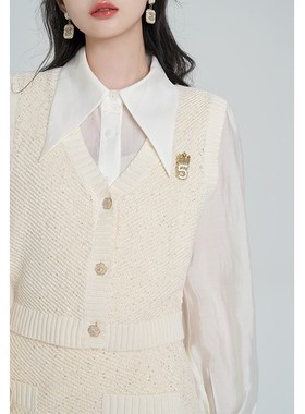 法式茶系穿搭一整套衬衫毛衣背心半身裙套装女学院风秋冬2023新款