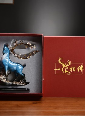 创意陶瓷工艺品鹿摆件家居客厅酒柜玄关招财红色梅花鹿装饰送礼品