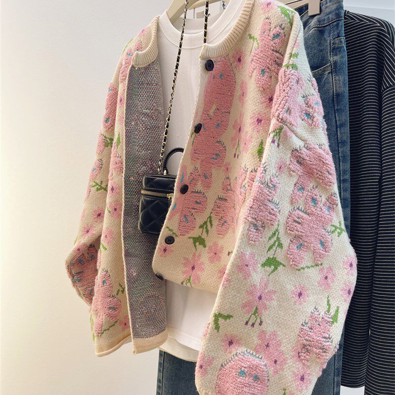 捡漏花朵毛衣外套女秋冬新款法式设计感宽松针织开衫长袖甜美上衣