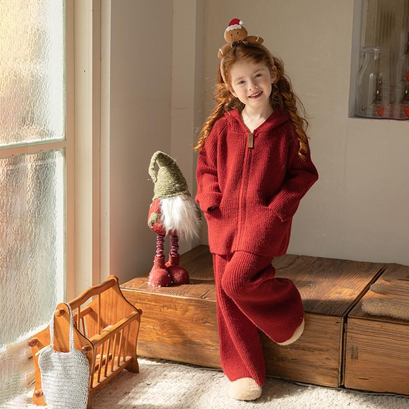 儿童毛衣套装女童针织开衫红色圣诞两件套小女孩时髦洋气秋冬衣服