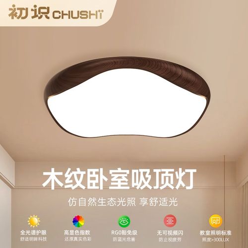 初识灯饰 复古风卧室吸顶灯中古侘寂风胡桃木色房间书房护眼灯具