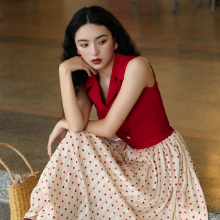 JUJU定制无袖衬衫上衣女夏短款港风文艺红色百搭衬衣设计感女小众