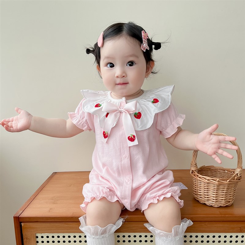 婴儿夏装女宝宝公主连体衣草莓短袖短裤短裤爬服满月百天周岁礼服