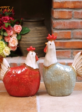 美式田园彩色鸡陶瓷釉面摆件  橱柜摆件庭院摆件