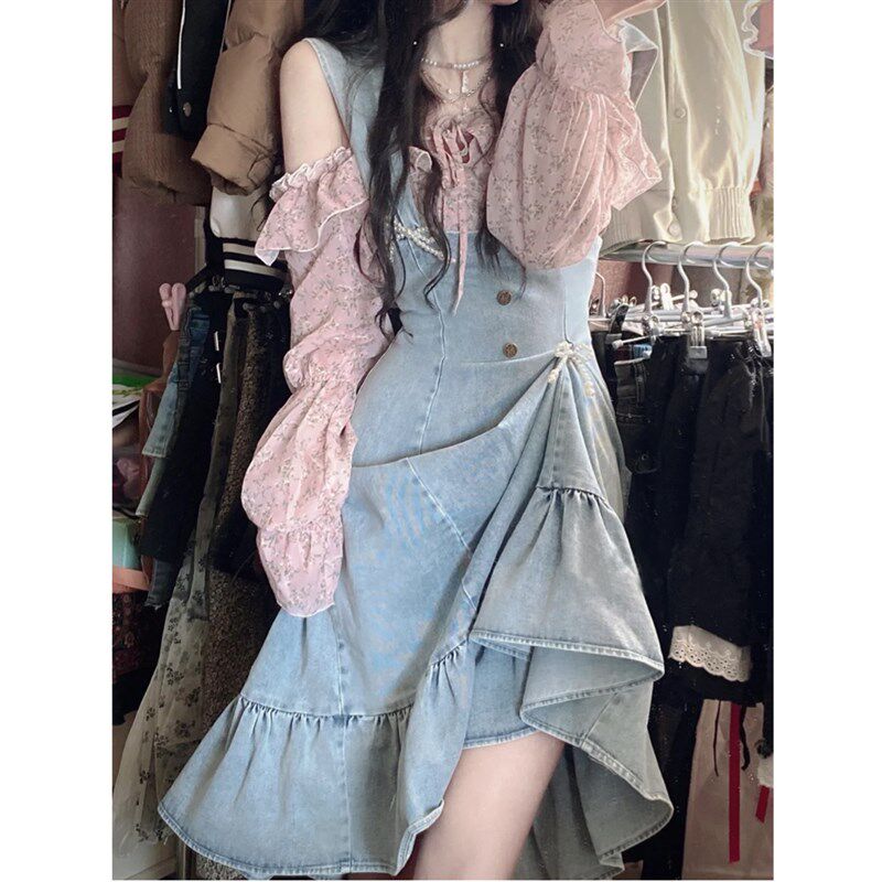 夏季甜美荷叶边牛仔背带裙设计感小个子收腰显瘦中长款鱼尾连衣裙
