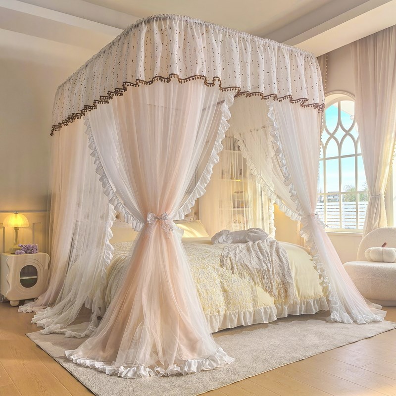 2025新款家用蚊帐U型导轨双层纱加密加厚铝合金轨道落地宫廷3开门