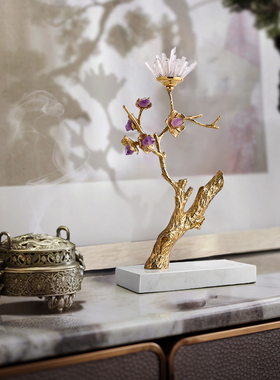 新中式软装黄铜桃花水晶摆件客厅酒柜售楼处玄关装饰品乔迁礼品