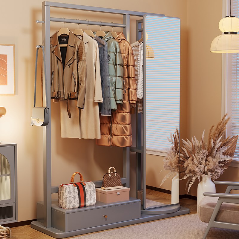 实木衣帽架卧室挂衣架家用带旋转穿衣镜床头简易可移动立式置物架