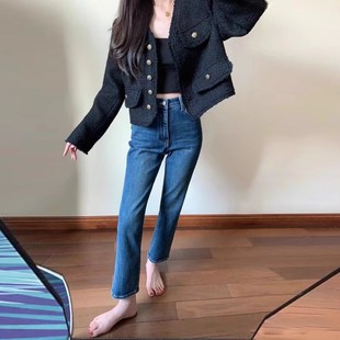 高腰窄版直筒九分牛仔裤女2024秋冬薄绒小个子显瘦八分加绒烟管裤