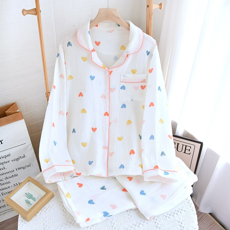 纯棉纱布睡衣女春秋长袖长裤套装2025新款宽松大码开衫全棉家居服