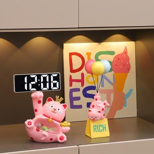 可爱波点猫桌面摆件时钟摆台式钟表摆放式电子闹钟高颜值家居饰品