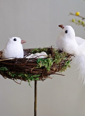 田园森系天然手工制小鸟窝鸟巢装饰摆件麻雀鸟蛋羽毛庭院花园布置