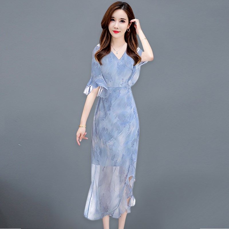 小清新雪纺沙滩裙2024新款女荷叶边蓝色仙女裙长裙海边度假连衣裙