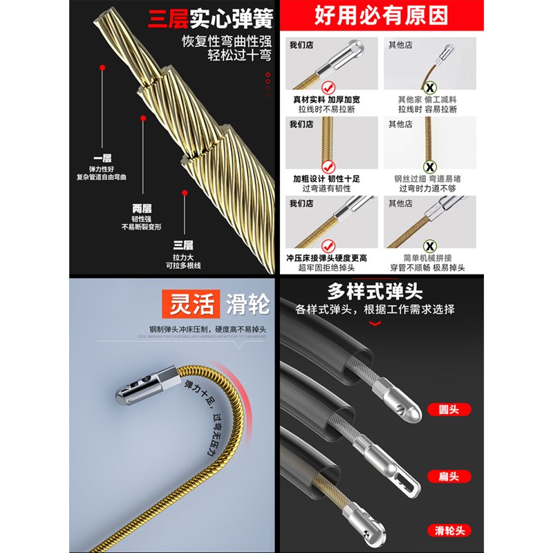 新款电工穿线神器弹簧穿线器专用拉线引线穿管器暗线暗管