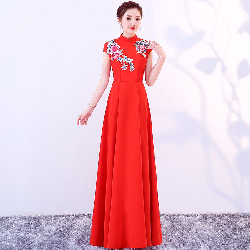 红歌大合唱团演出服女成人长裙中老年合唱服诗歌朗诵主持人晚礼服