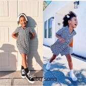 澳单cot2 连衣裙 翻领短袖 10岁女童夏季 纯棉彩虹牛仔人棉碎花法式