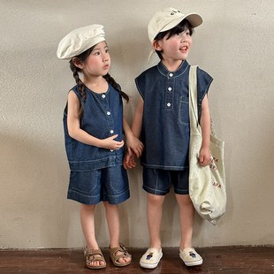 儿童夏季牛仔套装女童2024新款休闲宝宝衣服男童背心短裤兄妹夏装